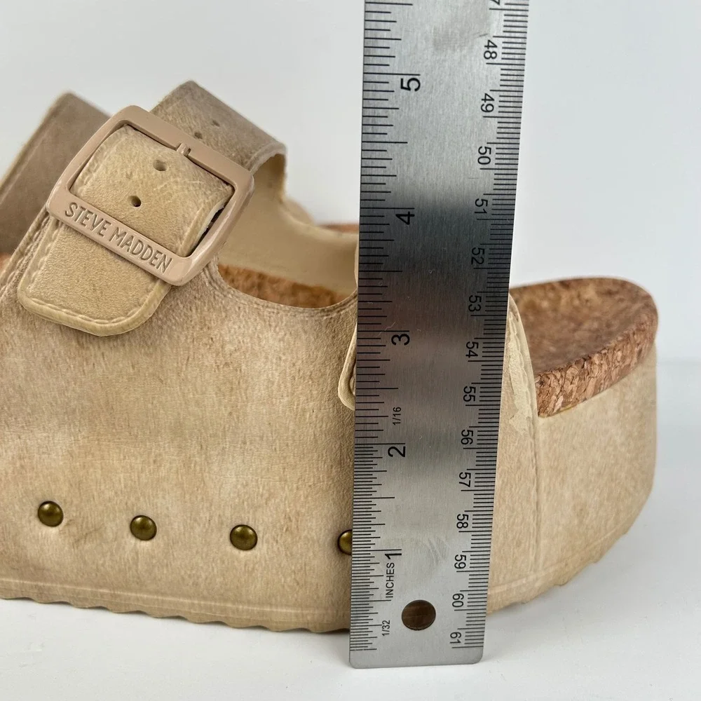 Steve Madden Kali Tan Platform Buckle Slide Sandals Studded Women 9M KALI12S1